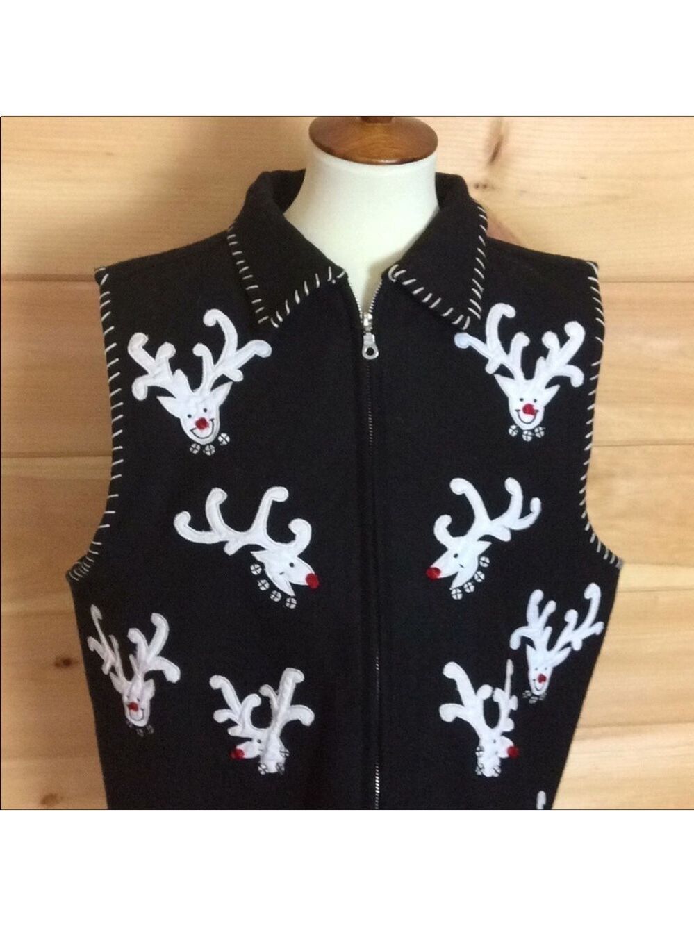 Vintage Life Style Black wool blend vest with reindeer for Christmas Size XL - Picture 2 of 9
